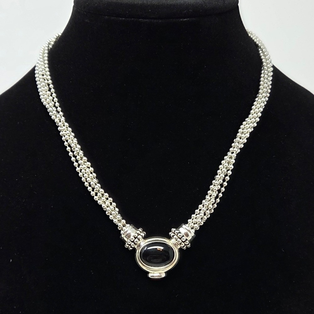 ESPO Sterling Silver 5 Strand Oval Black Onyx Amber Accent Snap Necklace 18" 46g